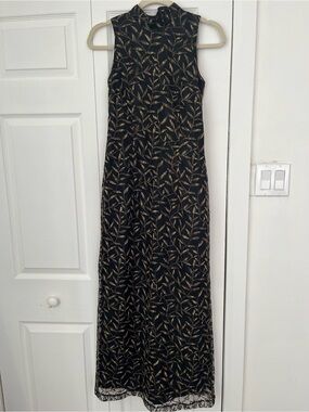 Sleeveless Black & Gold Leaf Maxi Dress Vintage